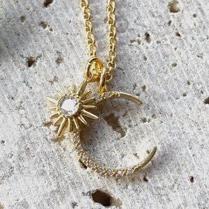 Gold Crescent Moon and Sun Pendant Necklace